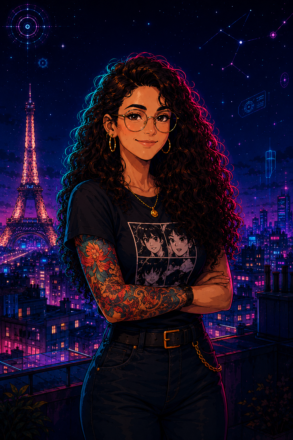 Juliet Faure, consultante SEO & GEO, sur fond de Paris cyberpunk